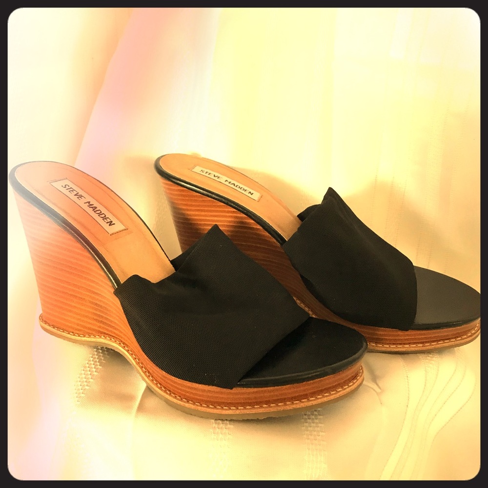 Steve Madden Black Fabric Wedge Sandals with Wood-Effect Platform